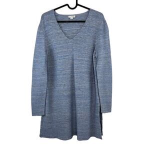 J. Jill Pure Jill Medium Blue Knit V-Neck Linen Blend Pullover Sweater Lagenlook